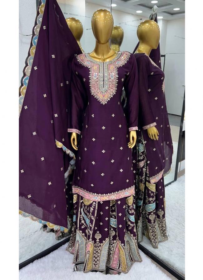 Chinnon Silk Purple Wedding Wear Embroidery Work Readymade Sharara Suit